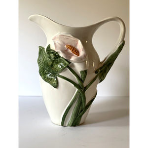Vintage White Calla Lily Flower Ceramic Pitcher Made In Italy Botanical Flower